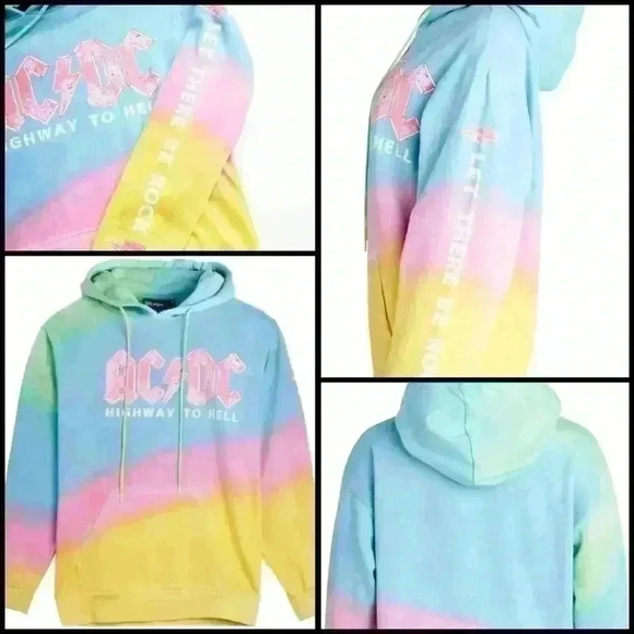 AC/DC Vintage Tie Dye Boyfriend Retro Hard Rock Concert Hood Sweatshirt Size  L - Picture 1 of 11